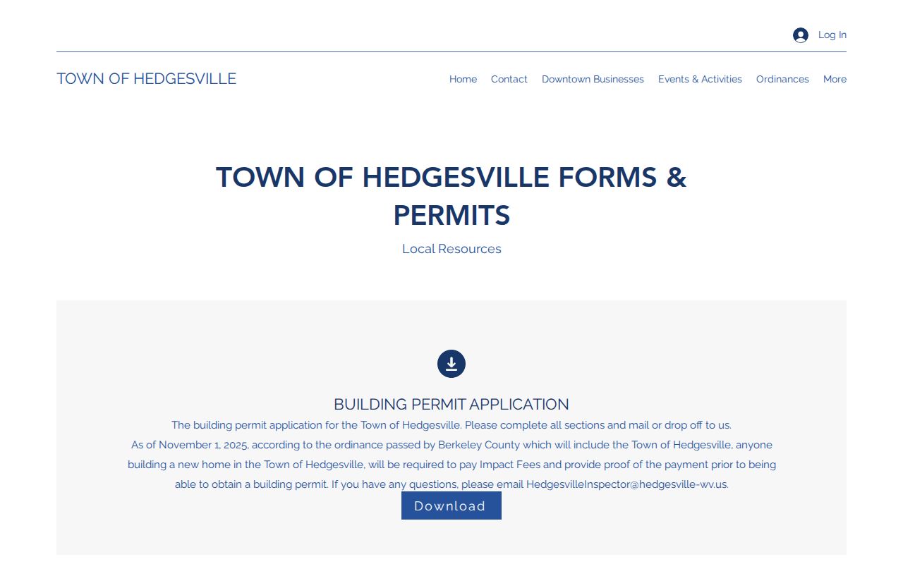 Hedgesville town documents page with building permit and impact-fee notice for local property records
