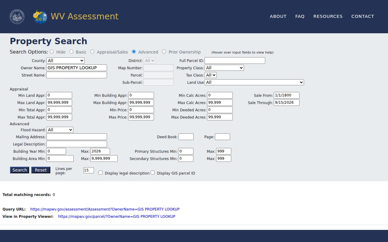 Berkeley County property search fields in the WV Property Assessment portal